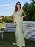 Sheath/Column Chiffon Ruched Off-the-Shoulder Sleeveless Sweep/Brush Train Bridesmaid Dresses Evening Dress