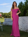 Sheath/Column Chiffon Ruched Off-the-Shoulder Sleeveless Sweep/Brush Train Bridesmaid Dresses Evening Dress