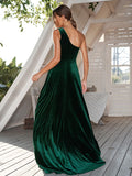 A-Line/Princess Velvet One-Shoulder Sleeveless Sweep/Brush Train Bridesmaid Dresses Evening Dress