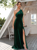 A-Line/Princess Velvet One-Shoulder Sleeveless Sweep/Brush Train Bridesmaid Dresses Evening Dress