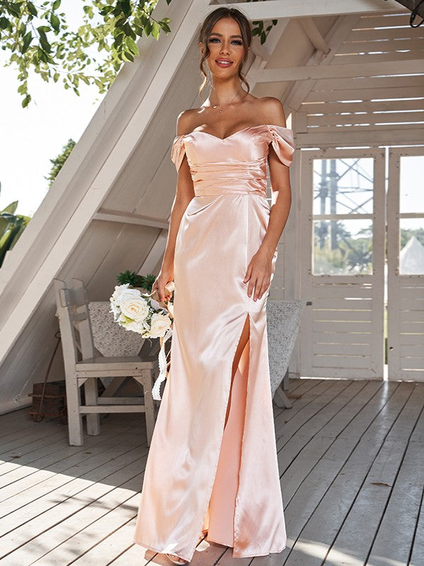 Sheath/Column Silk like Satin Ruched Off-the-Shoulder Sleeveless Floor-Length Bridesmaid Dresses Evening Dress