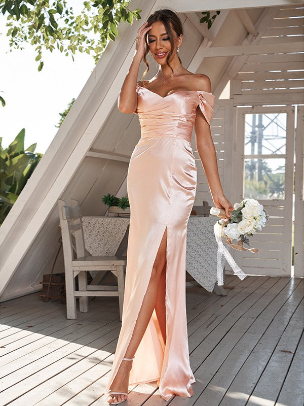 Sheath/Column Silk like Satin Ruched Off-the-Shoulder Sleeveless Floor-Length Bridesmaid Dresses Evening Dress