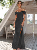 Sheath/Column Silk like Satin Ruched Off-the-Shoulder Sleeveless Floor-Length Bridesmaid Dresses Evening Dress