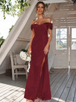 Sheath/Column Silk like Satin Ruched Off-the-Shoulder Sleeveless Floor-Length Bridesmaid Dresses Evening Dress