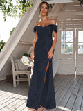 Sheath/Column Silk like Satin Ruched Off-the-Shoulder Sleeveless Floor-Length Bridesmaid Dresses Evening Dress