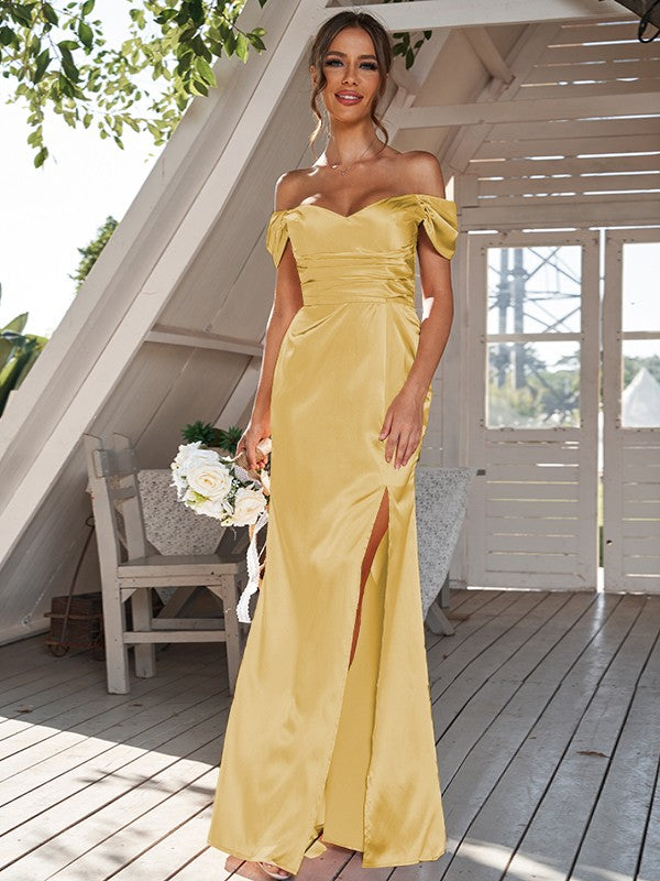 Sheath/Column Silk like Satin Ruched Off-the-Shoulder Sleeveless Floor-Length Bridesmaid Dresses Evening Dress