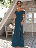 Sheath/Column Silk like Satin Ruched Off-the-Shoulder Sleeveless Floor-Length Bridesmaid Dresses Evening Dress