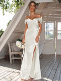 Sheath/Column Silk like Satin Ruched Off-the-Shoulder Sleeveless Floor-Length Bridesmaid Dresses Evening Dress