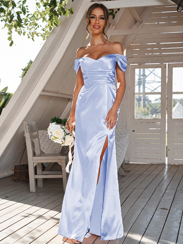 Sheath/Column Silk like Satin Ruched Off-the-Shoulder Sleeveless Floor-Length Bridesmaid Dresses Evening Dress