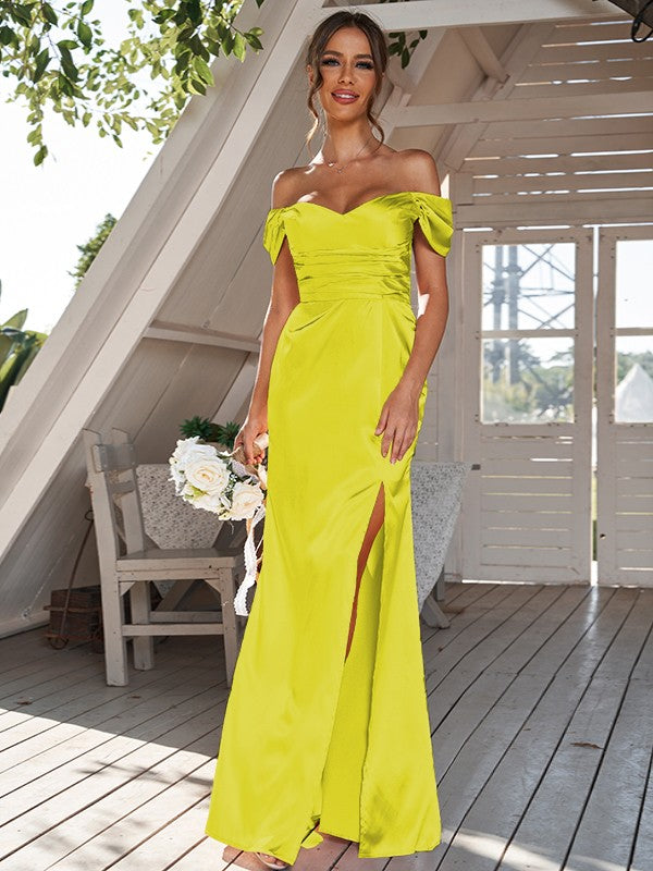 Sheath/Column Silk like Satin Ruched Off-the-Shoulder Sleeveless Floor-Length Bridesmaid Dresses Evening Dress