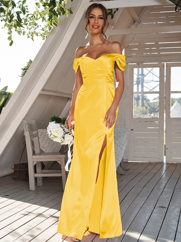 Sheath/Column Silk like Satin Ruched Off-the-Shoulder Sleeveless Floor-Length Bridesmaid Dresses Evening Dress