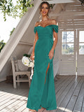 Sheath/Column Silk like Satin Ruched Off-the-Shoulder Sleeveless Floor-Length Bridesmaid Dresses Evening Dress