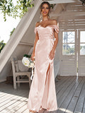 Sheath/Column Silk like Satin Ruched Off-the-Shoulder Sleeveless Floor-Length Bridesmaid Dresses Evening Dress