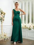 Sheath/Column Silk like Satin Ruched One-Shoulder Sleeveless Floor-Length Bridesmaid Dresses Formal Evening Dress