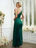 Sheath/Column Silk like Satin Ruched One-Shoulder Sleeveless Floor-Length Bridesmaid Dresses Formal Evening Dress