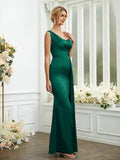 Sheath/Column Silk like Satin Ruched One-Shoulder Sleeveless Floor-Length Bridesmaid Dresses Formal Evening Dress