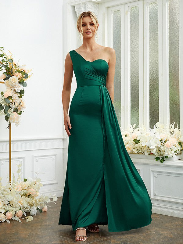 Sheath/Column Silk like Satin Ruched One-Shoulder Sleeveless Floor-Length Bridesmaid Dresses Formal Evening Dress