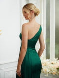 Sheath/Column Silk like Satin Ruched One-Shoulder Sleeveless Floor-Length Bridesmaid Dresses Formal Evening Dress
