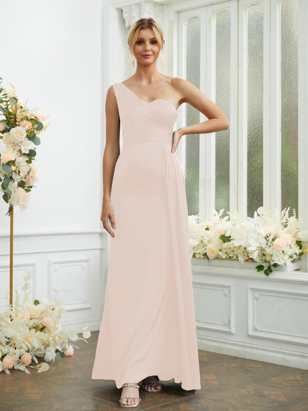 Sheath/Column Silk like Satin Ruched One-Shoulder Sleeveless Floor-Length Bridesmaid Dresses Formal Evening Dress