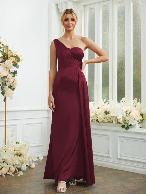 Sheath/Column Silk like Satin Ruched One-Shoulder Sleeveless Floor-Length Bridesmaid Dresses Formal Evening Dress