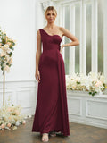 Sheath/Column Silk like Satin Ruched One-Shoulder Sleeveless Floor-Length Bridesmaid Dresses Formal Evening Dress