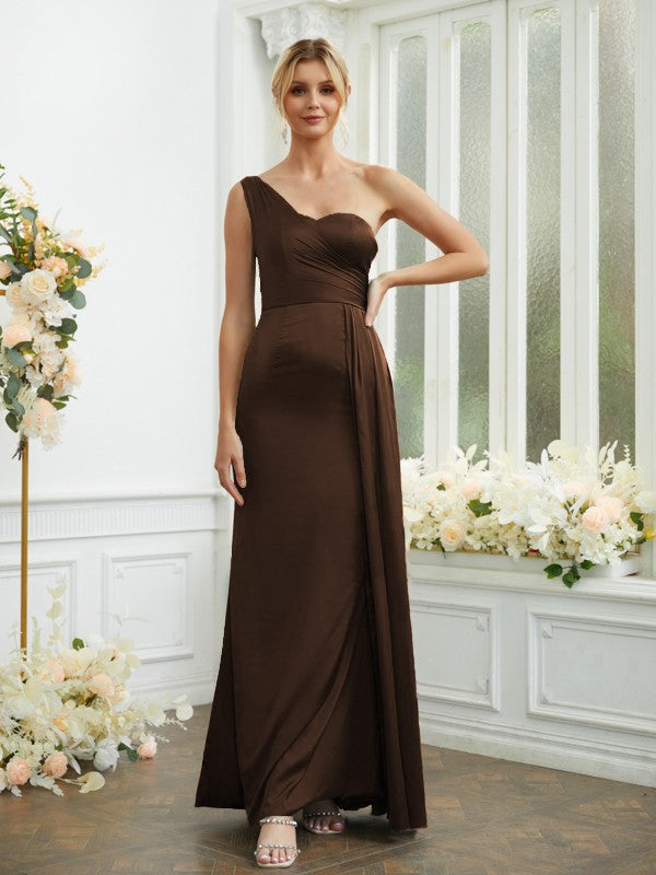Sheath/Column Silk like Satin Ruched One-Shoulder Sleeveless Floor-Length Bridesmaid Dresses Formal Evening Dress