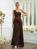 Sheath/Column Silk like Satin Ruched One-Shoulder Sleeveless Floor-Length Bridesmaid Dresses Formal Evening Dress