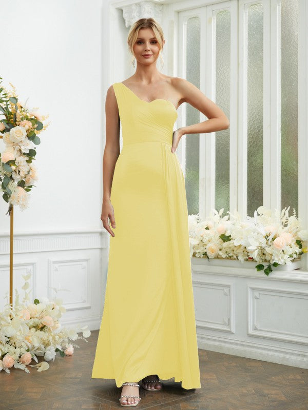 Sheath/Column Silk like Satin Ruched One-Shoulder Sleeveless Floor-Length Bridesmaid Dresses Formal Evening Dress