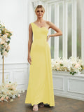 Sheath/Column Silk like Satin Ruched One-Shoulder Sleeveless Floor-Length Bridesmaid Dresses Formal Evening Dress