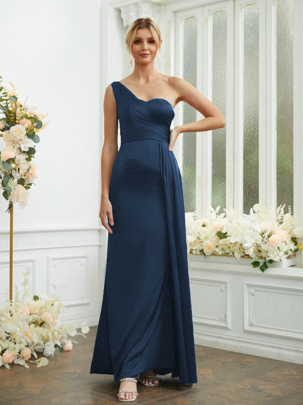 Sheath/Column Silk like Satin Ruched One-Shoulder Sleeveless Floor-Length Bridesmaid Dresses Formal Evening Dress