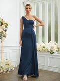 Sheath/Column Silk like Satin Ruched One-Shoulder Sleeveless Floor-Length Bridesmaid Dresses Formal Evening Dress