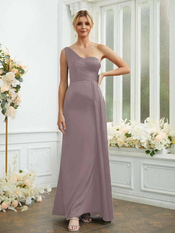 Sheath/Column Silk like Satin Ruched One-Shoulder Sleeveless Floor-Length Bridesmaid Dresses Formal Evening Dress