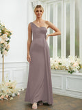 Sheath/Column Silk like Satin Ruched One-Shoulder Sleeveless Floor-Length Bridesmaid Dresses Formal Evening Dress