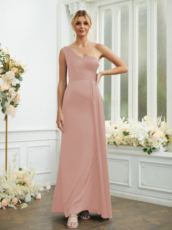Sheath/Column Silk like Satin Ruched One-Shoulder Sleeveless Floor-Length Bridesmaid Dresses Formal Evening Dress