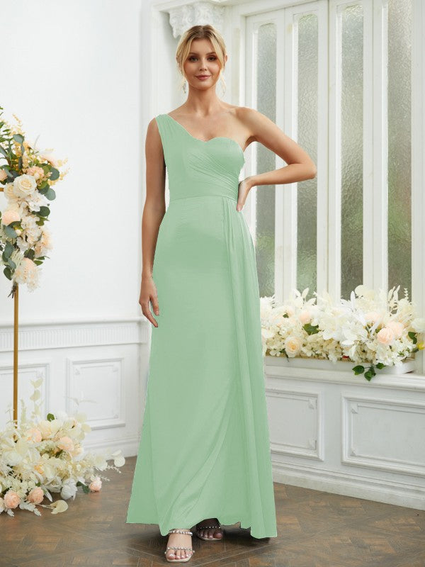 Sheath/Column Silk like Satin Ruched One-Shoulder Sleeveless Floor-Length Bridesmaid Dresses Formal Evening Dress