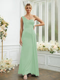 Sheath/Column Silk like Satin Ruched One-Shoulder Sleeveless Floor-Length Bridesmaid Dresses Formal Evening Dress