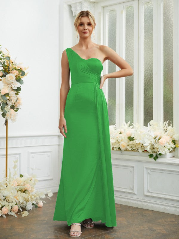 Sheath/Column Silk like Satin Ruched One-Shoulder Sleeveless Floor-Length Bridesmaid Dresses Formal Evening Dress