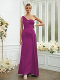 Sheath/Column Silk like Satin Ruched One-Shoulder Sleeveless Floor-Length Bridesmaid Dresses Formal Evening Dress
