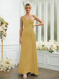 Sheath/Column Silk like Satin Ruched One-Shoulder Sleeveless Floor-Length Bridesmaid Dresses Formal Evening Dress