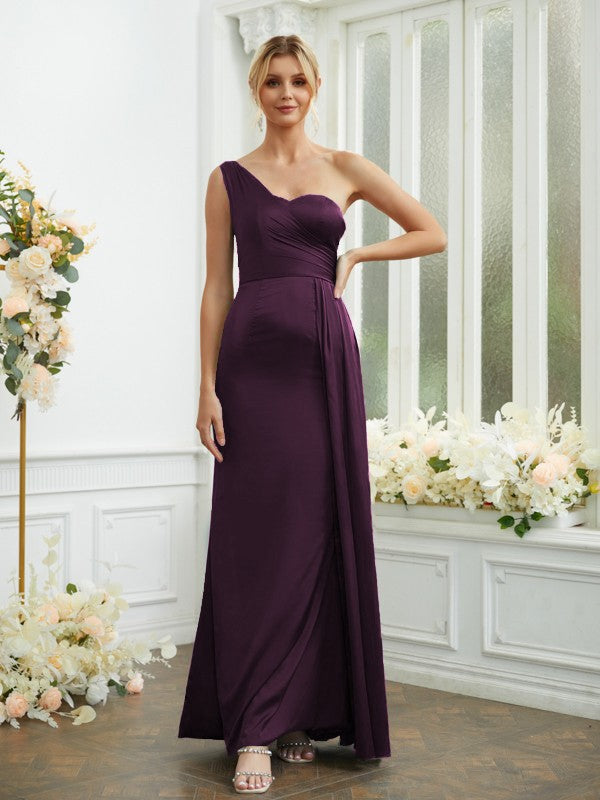 Sheath/Column Silk like Satin Ruched One-Shoulder Sleeveless Floor-Length Bridesmaid Dresses Formal Evening Dress