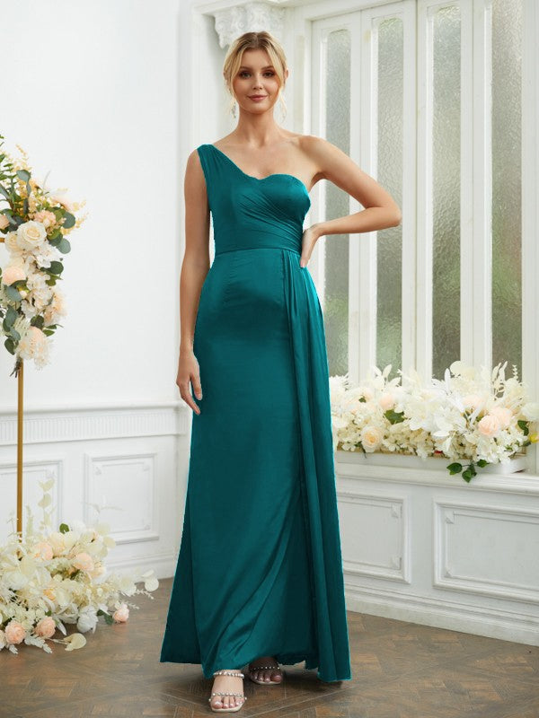Sheath/Column Silk like Satin Ruched One-Shoulder Sleeveless Floor-Length Bridesmaid Dresses Formal Evening Dress