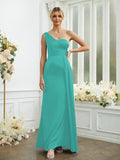 Sheath/Column Silk like Satin Ruched One-Shoulder Sleeveless Floor-Length Bridesmaid Dresses Formal Evening Dress
