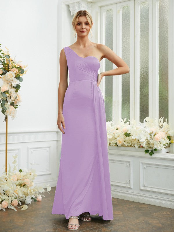 Sheath/Column Silk like Satin Ruched One-Shoulder Sleeveless Floor-Length Bridesmaid Dresses Formal Evening Dress