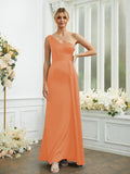 Sheath/Column Silk like Satin Ruched One-Shoulder Sleeveless Floor-Length Bridesmaid Dresses Formal Evening Dress