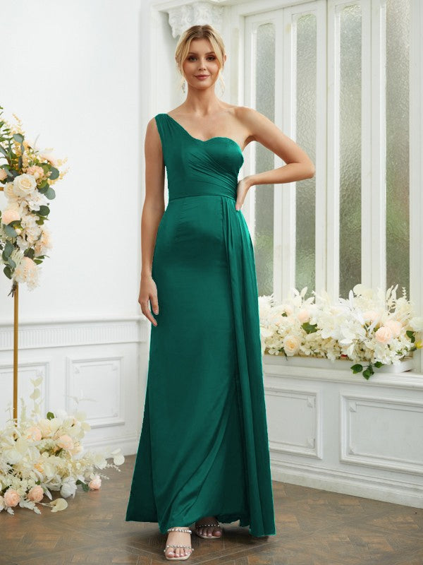 Sheath/Column Silk like Satin Ruched One-Shoulder Sleeveless Floor-Length Bridesmaid Dresses Formal Evening Dress