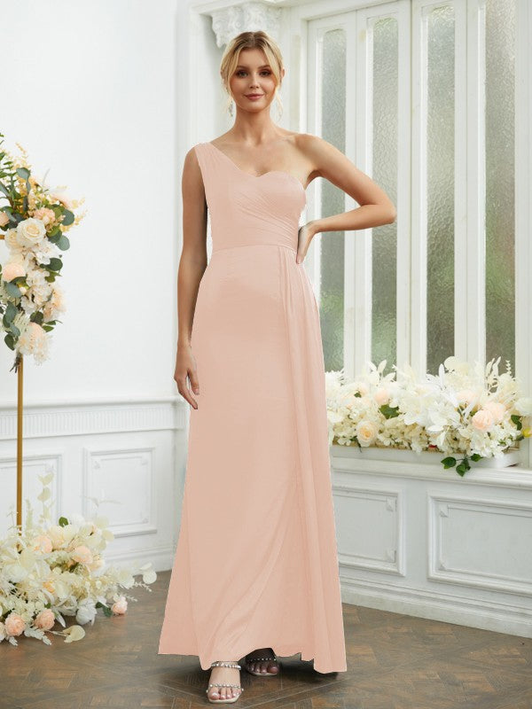 Sheath/Column Silk like Satin Ruched One-Shoulder Sleeveless Floor-Length Bridesmaid Dresses Formal Evening Dress