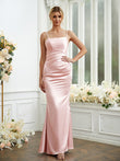 Sheath/Column Silk like Satin Ruched Spaghetti Straps Sleeveless Floor-Length Bridesmaid Dresses Formal Evening Dress