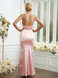 Sheath/Column Silk like Satin Ruched Spaghetti Straps Sleeveless Floor-Length Bridesmaid Dresses Formal Evening Dress