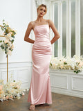 Sheath/Column Silk like Satin Ruched Spaghetti Straps Sleeveless Floor-Length Bridesmaid Dresses Formal Evening Dress