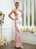 Sheath/Column Silk like Satin Ruched Spaghetti Straps Sleeveless Floor-Length Bridesmaid Dresses Formal Evening Dress